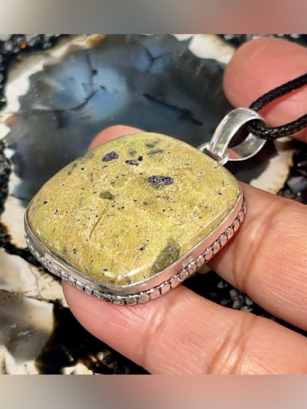 Atlantisite Tasmanite w Purple Stitchtite Pendant 1 7/8”